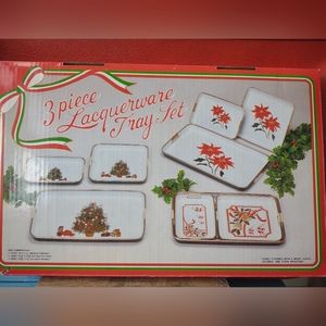 VTG 3 Pc Lacquered Merry Christmas Nesting Trays Hand Decorated w/ box Japan